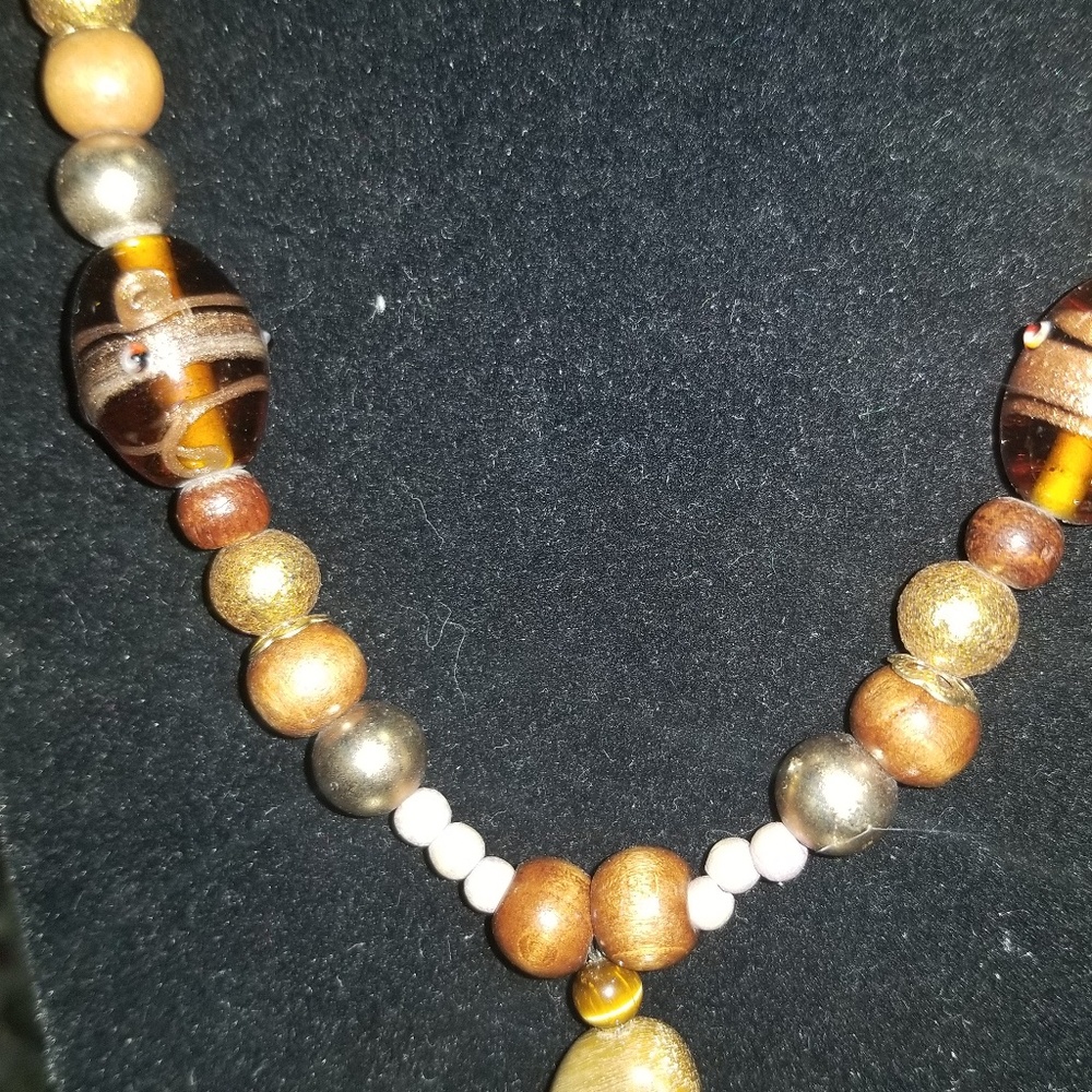 Amber and gold stone long necklace